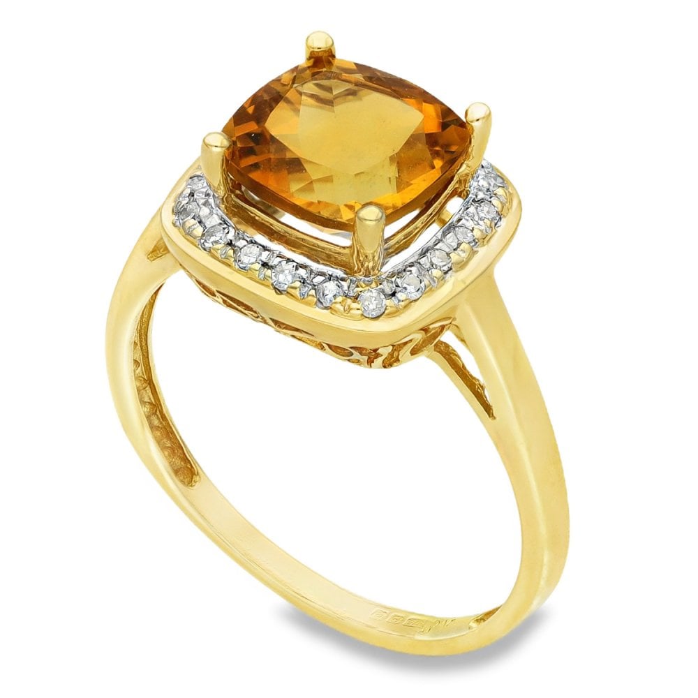 9ct Yellow Gold Citrine & Diamond Halo Ring - Size N - 2.00ct