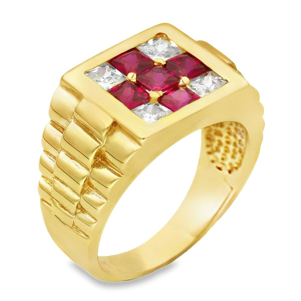 9ct Yellow Gold CZ Red Cross Signet Ring - Size Z - 15mm