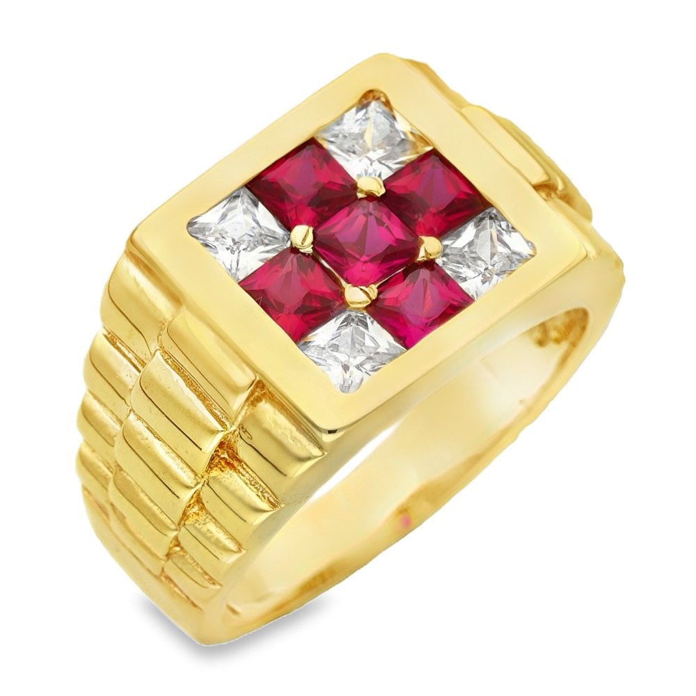 9ct Yellow Gold CZ Red Cross Signet Ring - Size Z - 15mm