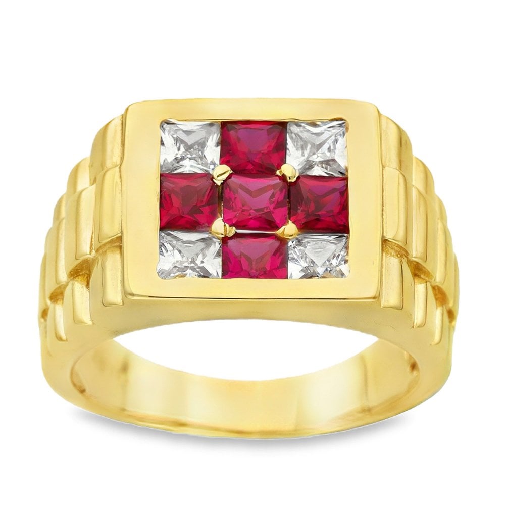 9ct Yellow Gold CZ Red Cross Signet Ring - Size Z - 15mm