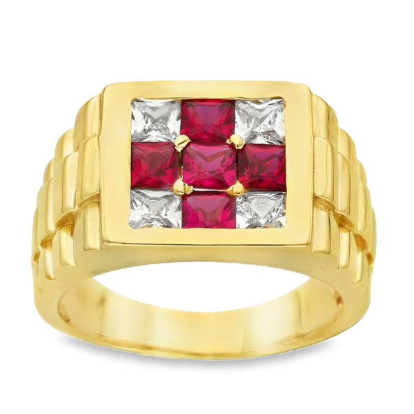 9ct Yellow Gold CZ Red Cross Signet Ring - Size Z - 15mm