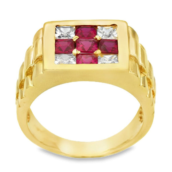 9ct Yellow Gold CZ Red Cross Signet Ring - Size Z - 15mm