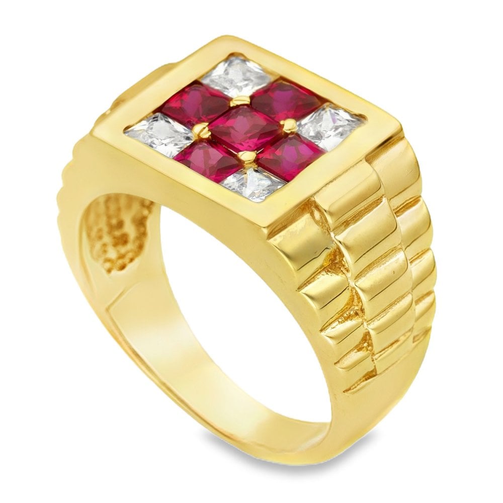 9ct Yellow Gold CZ Red Cross Signet Ring - Size Z - 15mm