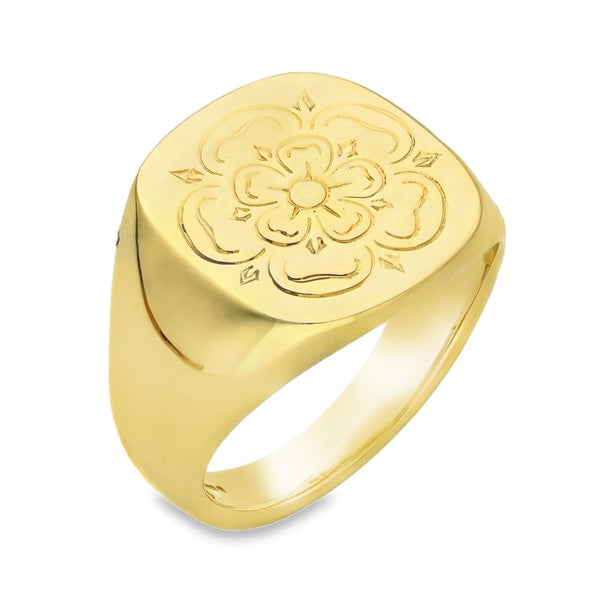 9ct Yellow Gold Flower-Engraved Cushion Signet Ring - 18mm