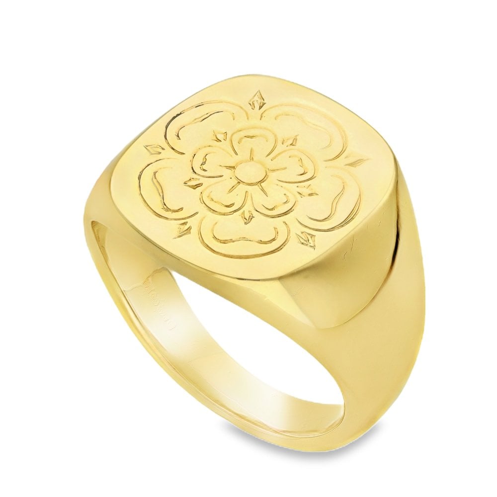 9ct Yellow Gold Flower-Engraved Cushion Signet Ring - 18mm