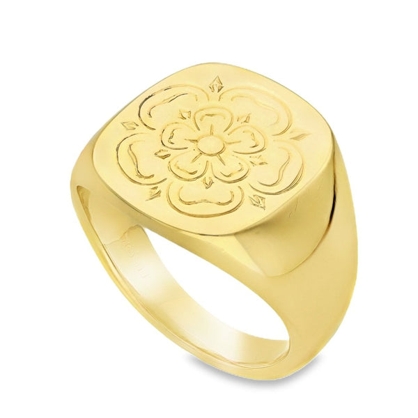 9ct Yellow Gold Flower-Engraved Cushion Signet Ring - 18mm