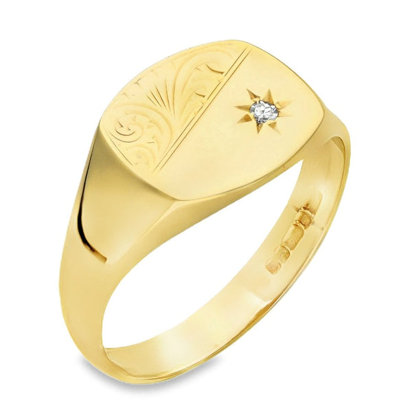 9ct Yellow Gold Diamond Cushion Signet Ring - Size X - 12mm