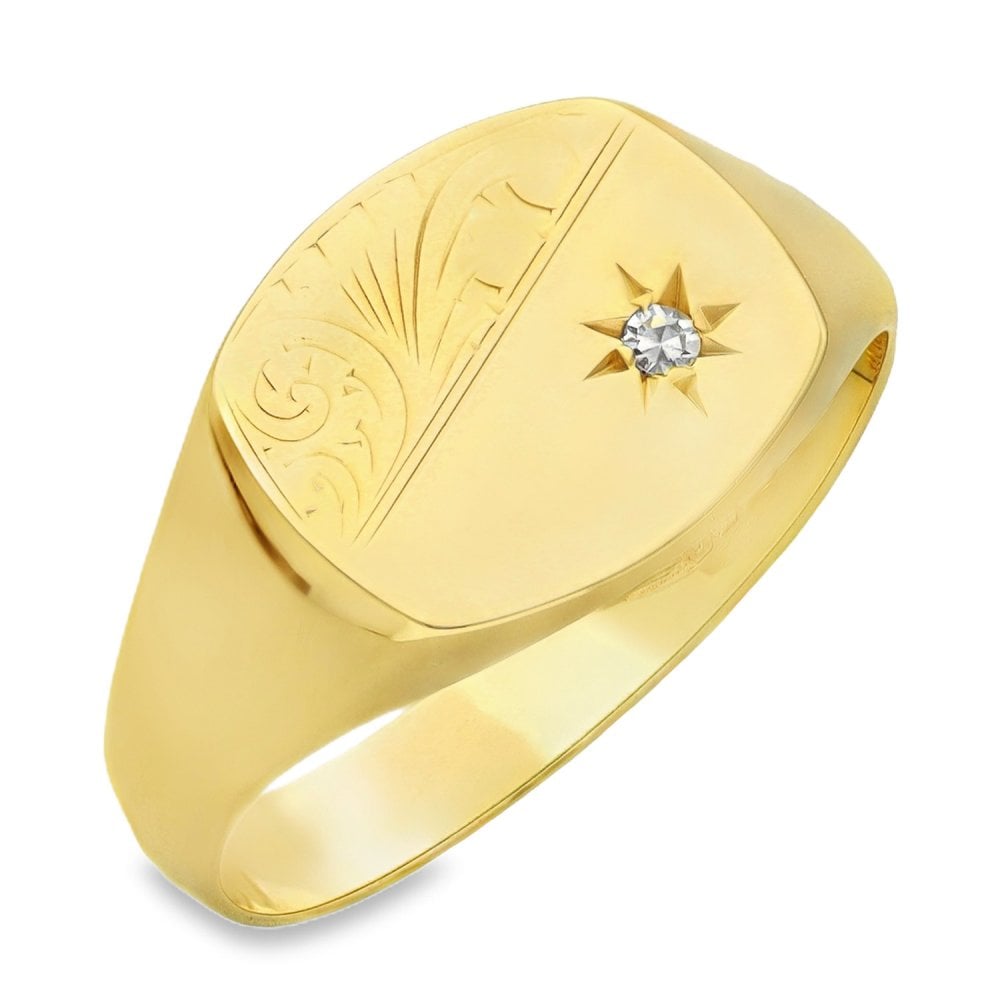 9ct Yellow Gold Diamond Cushion Signet Ring - Size X - 12mm