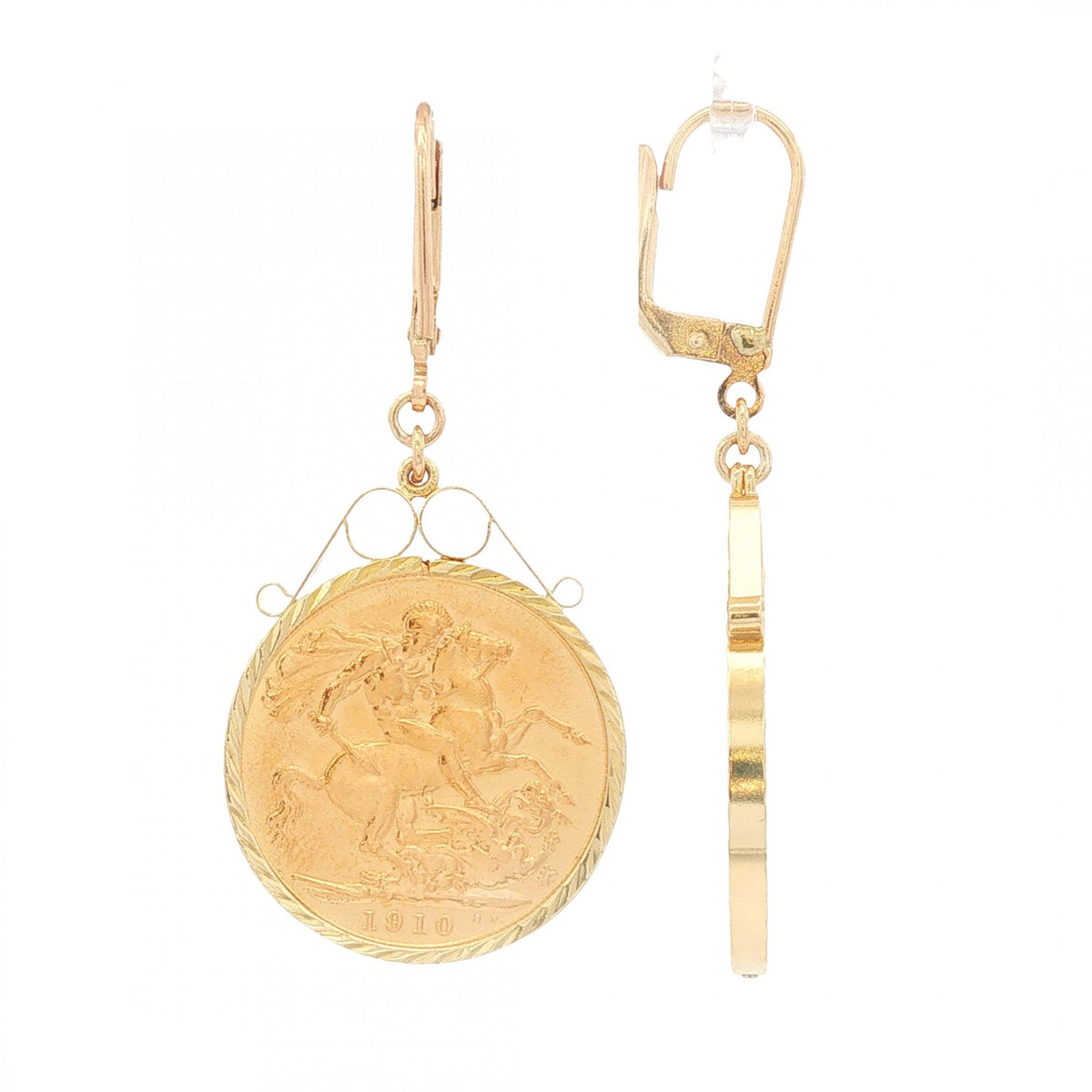 1910 Yellow Gold Full Sovereign Coin Earrings - 22x48x2mm -18.5g