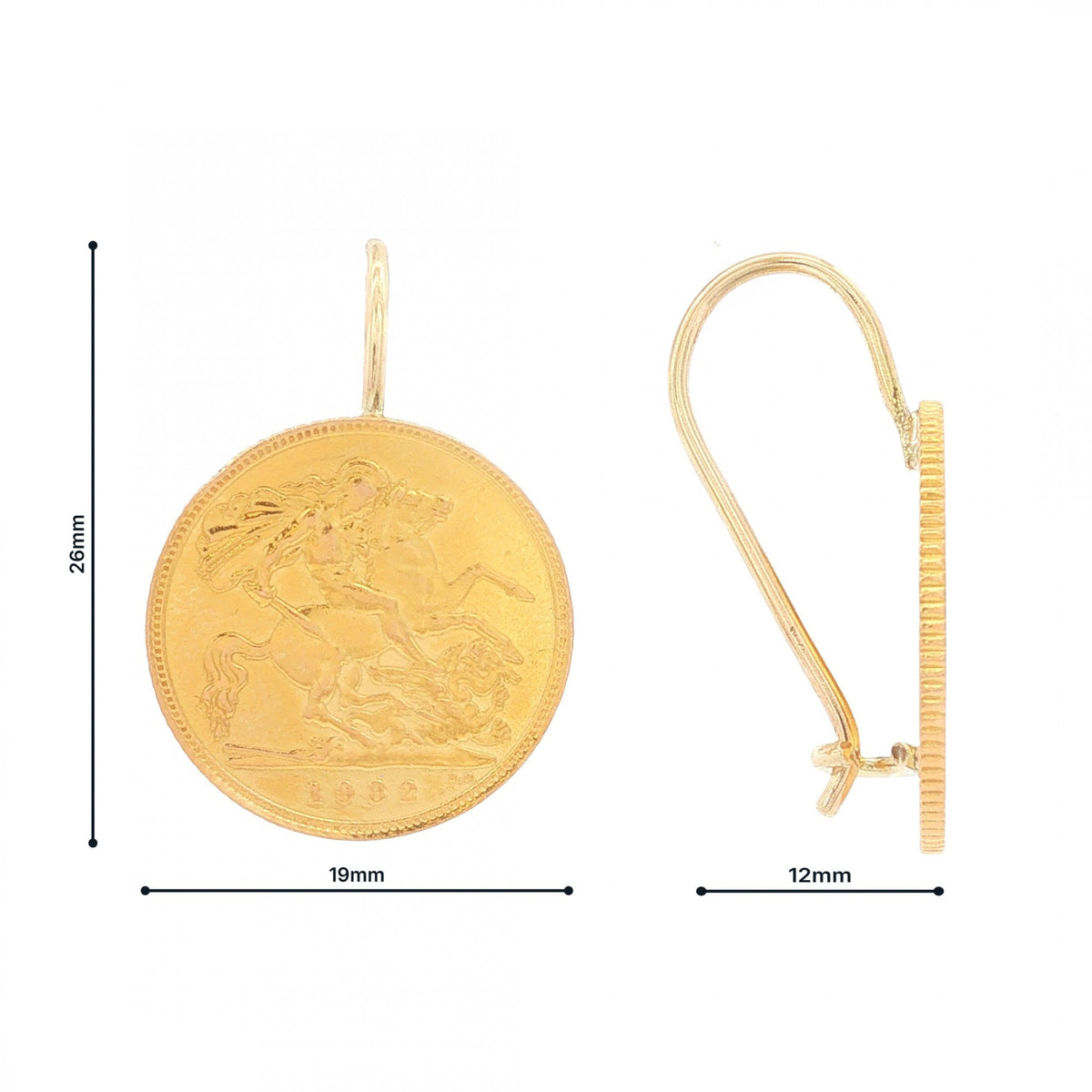 1982 Yellow Gold Half Sovereign Coin Earrings - 19x26x12mm -9.0g