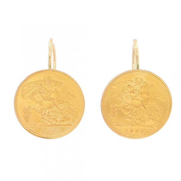 1982 Yellow Gold Half Sovereign Coin Earrings - 19x26x12mm -9.0g