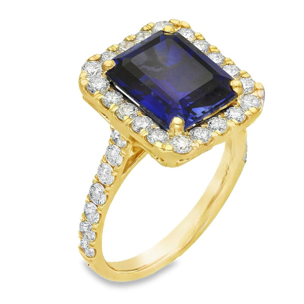 5.44ct Yellow Gold Emerald Sapphire & Diamond Halo Ring - F/G/VS
