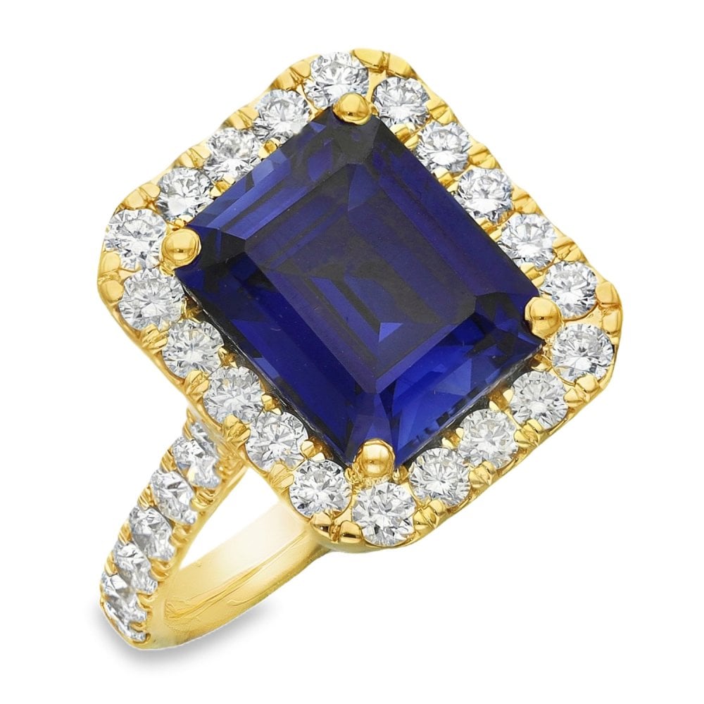 5.44ct Yellow Gold Emerald Sapphire & Diamond Halo Ring - F/G/VS