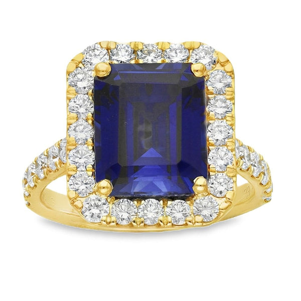 5.44ct Yellow Gold Emerald Sapphire & Diamond Halo Ring - F/G/VS