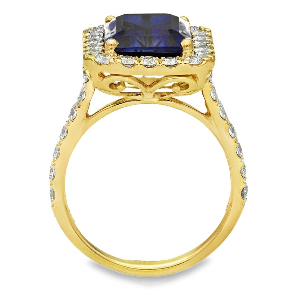 5.44ct Yellow Gold Emerald Sapphire & Diamond Halo Ring - F/G/VS
