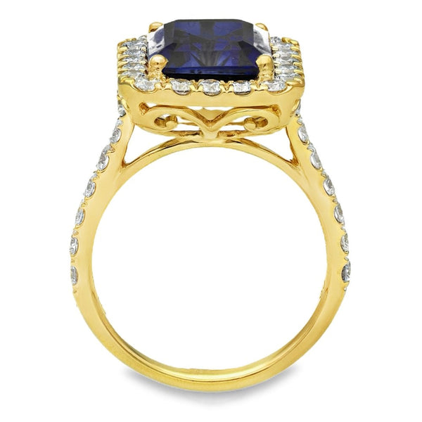 5.44ct Yellow Gold Emerald Sapphire & Diamond Halo Ring - F/G/VS