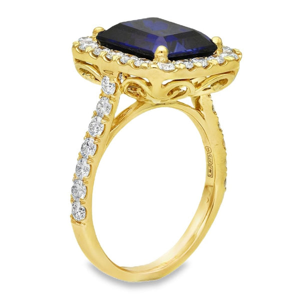 5.44ct Yellow Gold Emerald Sapphire & Diamond Halo Ring - F/G/VS