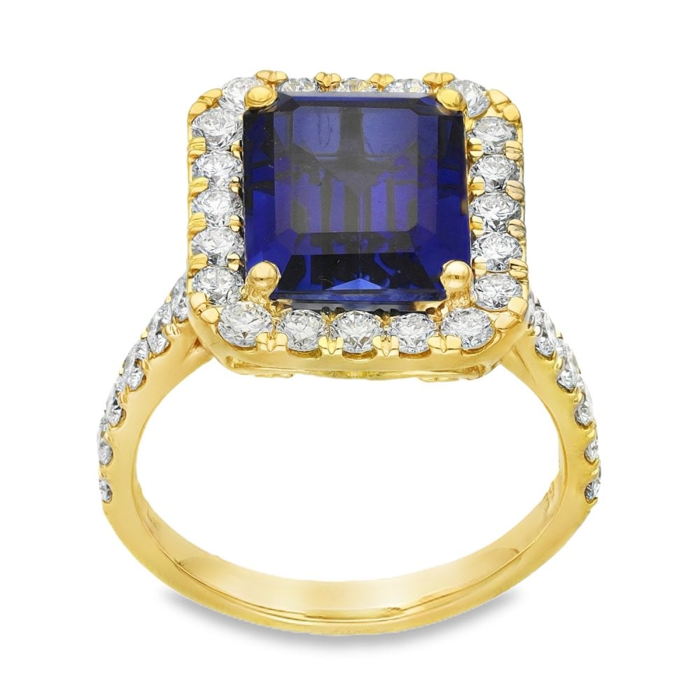 5.44ct Yellow Gold Emerald Sapphire & Diamond Halo Ring - F/G/VS