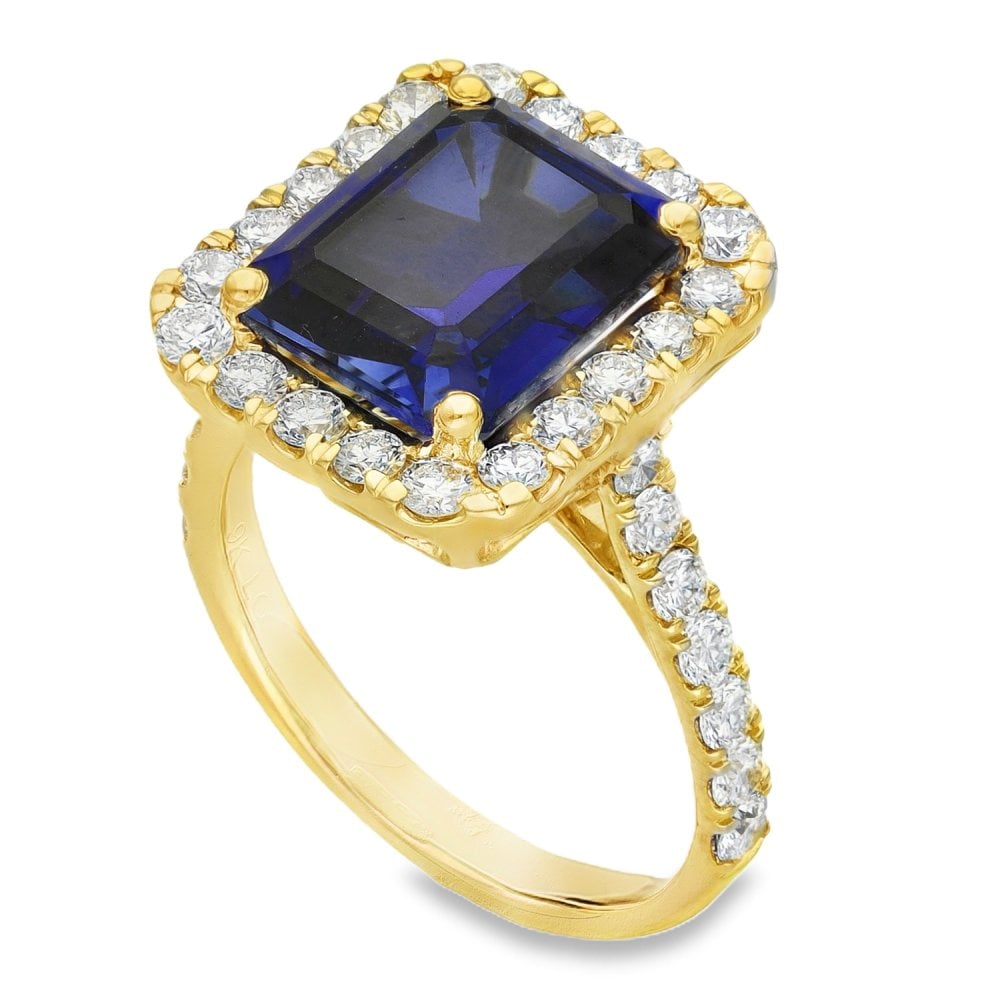 5.44ct Yellow Gold Emerald Sapphire & Diamond Halo Ring - F/G/VS