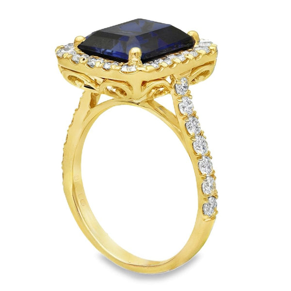 5.44ct Yellow Gold Emerald Sapphire & Diamond Halo Ring - F/G/VS