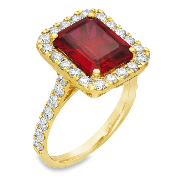 5.44ct Yellow Gold Emerald Ruby & Diamond Halo Ring - F/G/VS