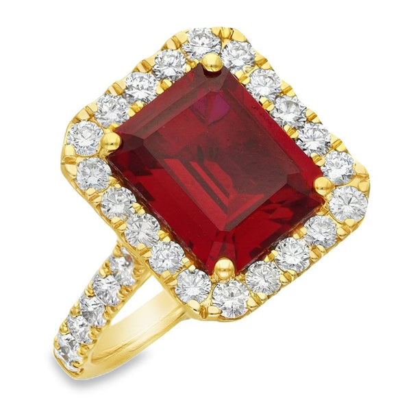 5.44ct Yellow Gold Emerald Ruby & Diamond Halo Ring - F/G/VS