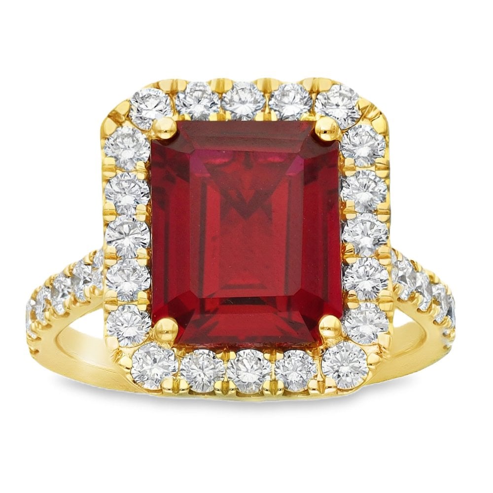 5.44ct Yellow Gold Emerald Ruby & Diamond Halo Ring - F/G/VS