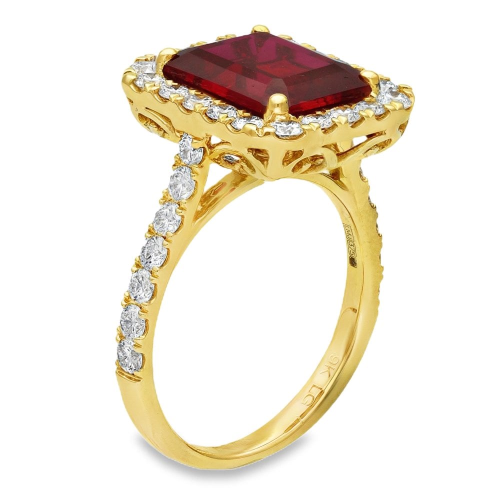 5.44ct Yellow Gold Emerald Ruby & Diamond Halo Ring - F/G/VS