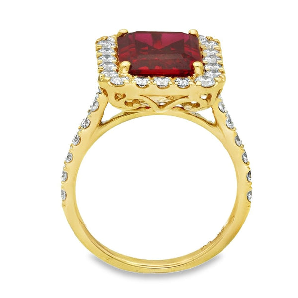 5.44ct Yellow Gold Emerald Ruby & Diamond Halo Ring - F/G/VS