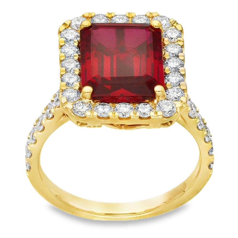 5.44ct Yellow Gold Emerald Ruby & Diamond Halo Ring - F/G/VS