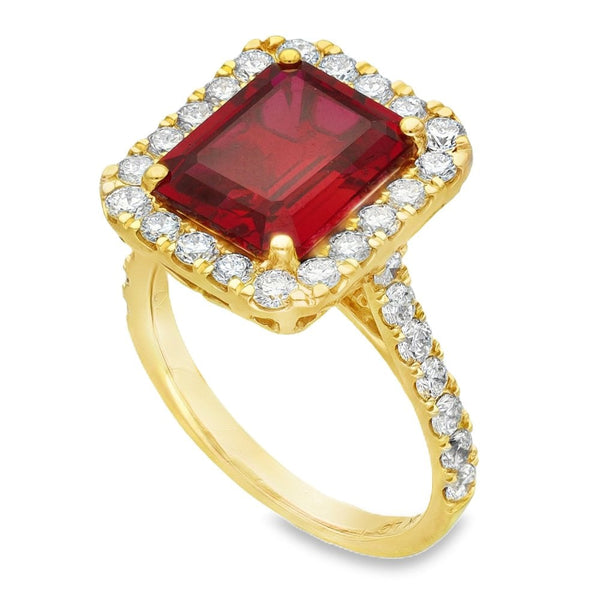 5.44ct Yellow Gold Emerald Ruby & Diamond Halo Ring - F/G/VS