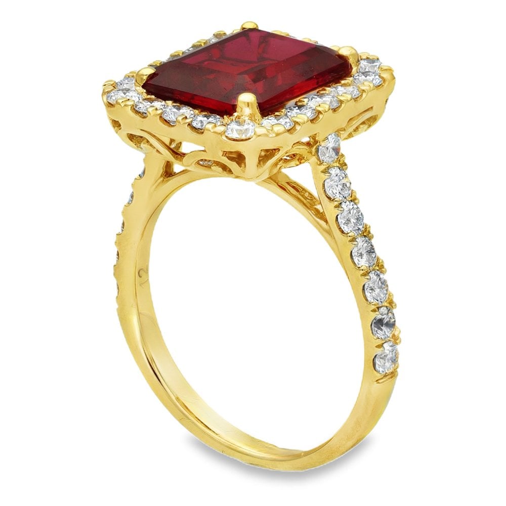 5.44ct Yellow Gold Emerald Ruby & Diamond Halo Ring - F/G/VS