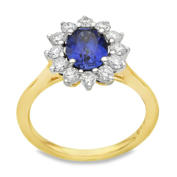 1.74ct Yellow Gold Oval Sapphire & Diamond Halo Ring - F/G/VS