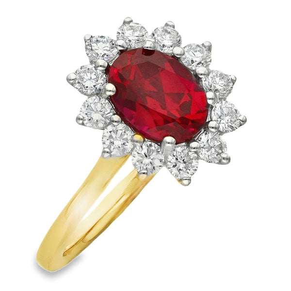 1.62ct Yellow Gold Oval Ruby & Diamond Halo Ring - F/G/VS