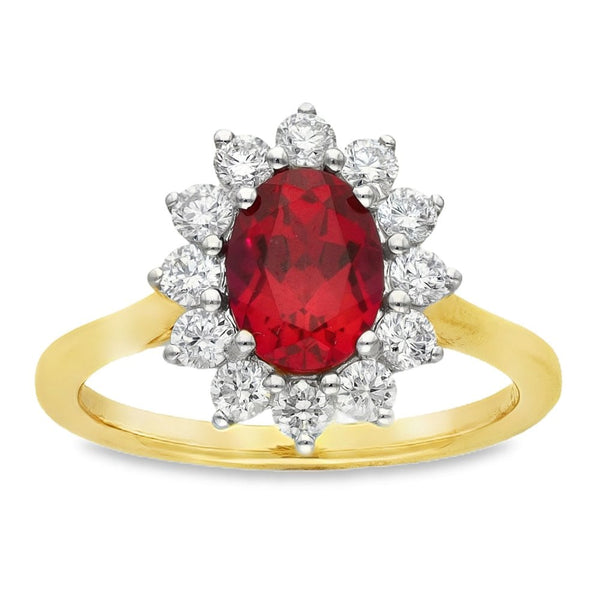 1.62ct Yellow Gold Oval Ruby & Diamond Halo Ring - F/G/VS