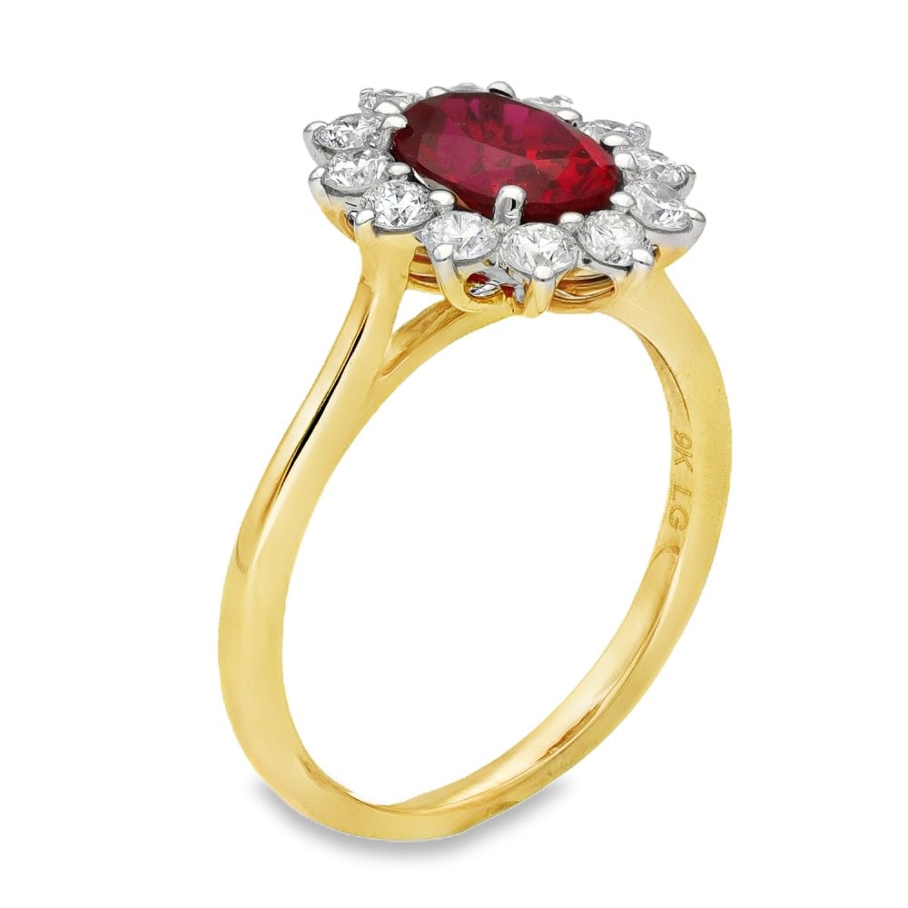 1.62ct Yellow Gold Oval Ruby & Diamond Halo Ring - F/G/VS
