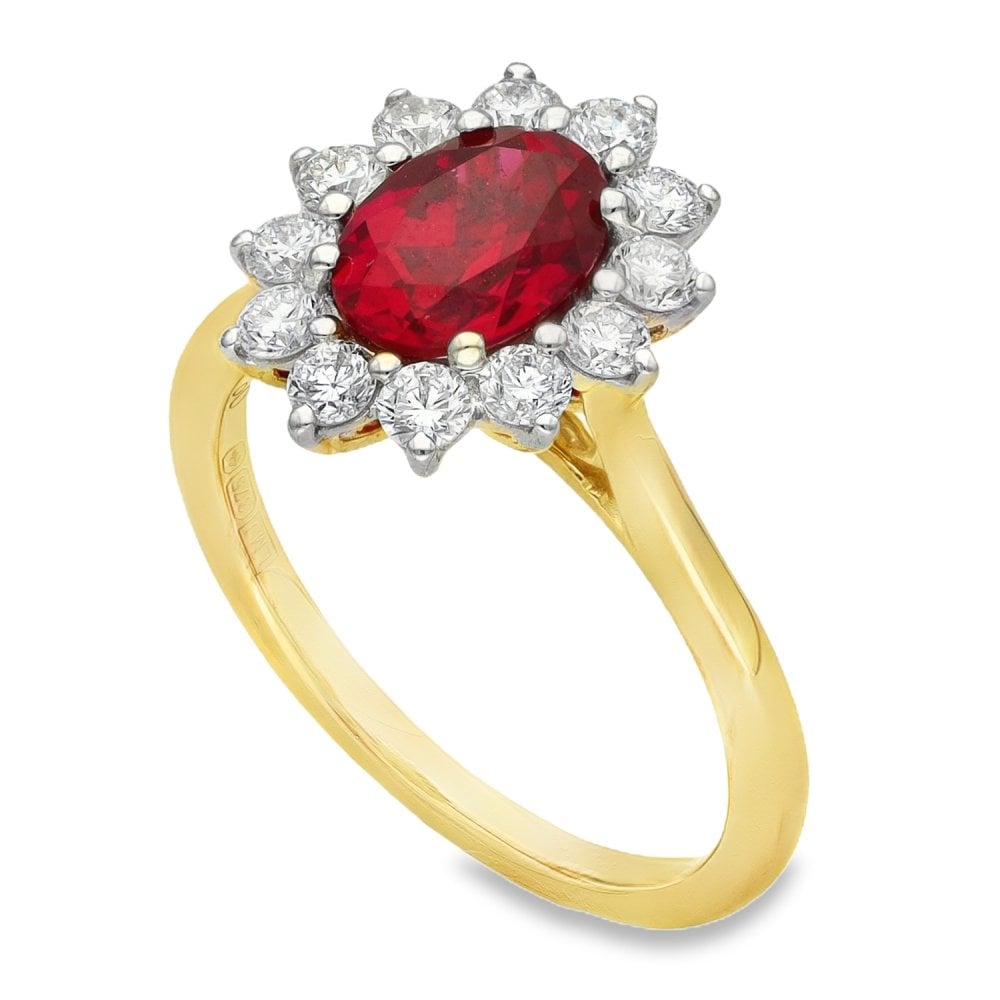 1.62ct Yellow Gold Oval Ruby & Diamond Halo Ring - F/G/VS