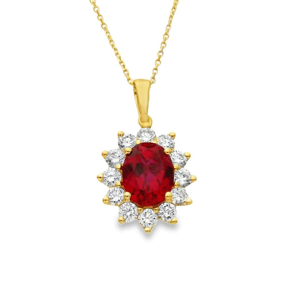 2.36ct Yellow Gold Oval Ruby & Diamond Halo Necklace - F/G/VS