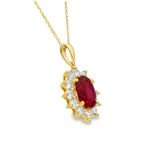 2.36ct Yellow Gold Oval Ruby & Diamond Halo Necklace - F/G/VS