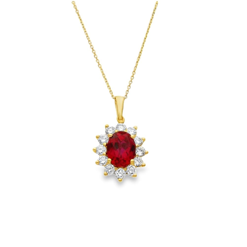 2.36ct Yellow Gold Oval Ruby & Diamond Halo Necklace - F/G/VS