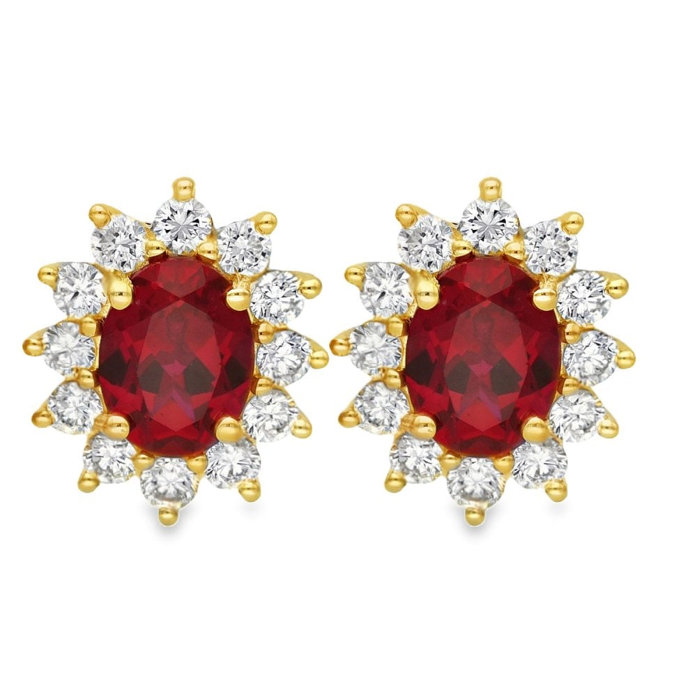 3.18ct Yellow Gold Oval Ruby & Diamond Halo Earrings - F/G/VS