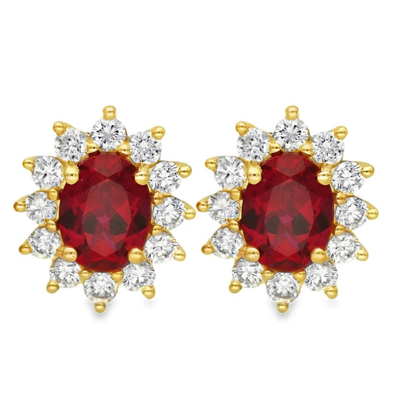 3.18ct Yellow Gold Oval Ruby & Diamond Halo Earrings - F/G/VS