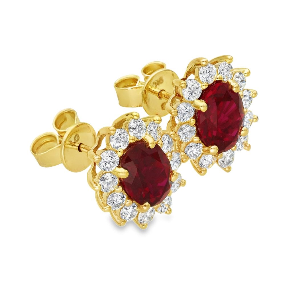 3.18ct Yellow Gold Oval Ruby & Diamond Halo Earrings - F/G/VS