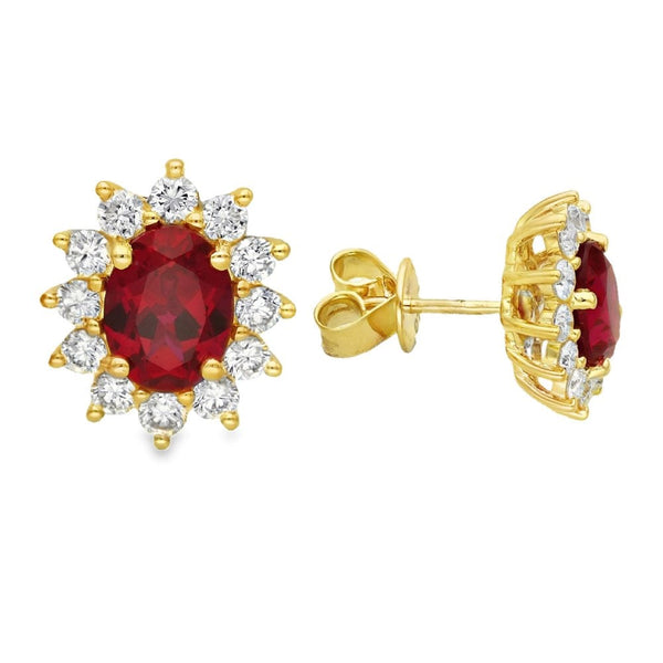 3.18ct Yellow Gold Oval Ruby & Diamond Halo Earrings - F/G/VS