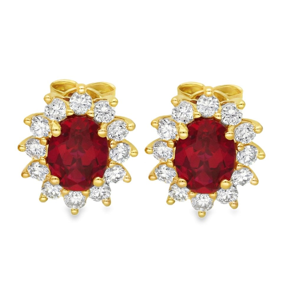 3.18ct Yellow Gold Oval Ruby & Diamond Halo Earrings - F/G/VS