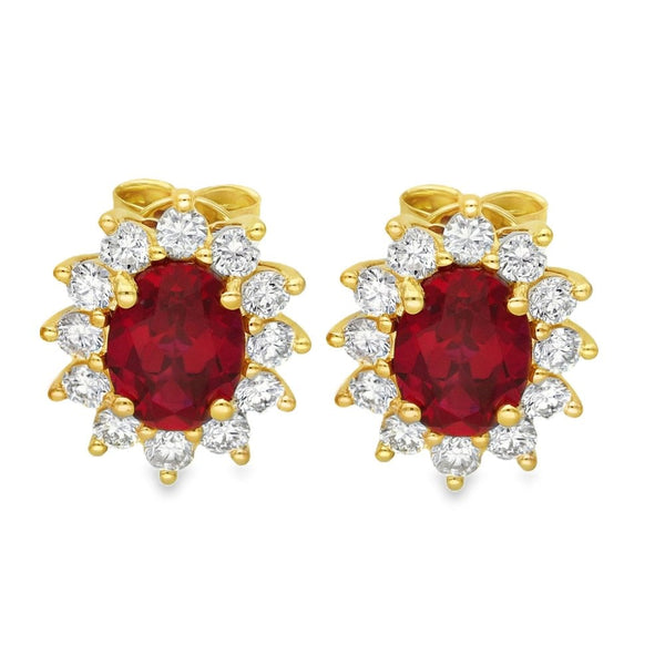 3.18ct Yellow Gold Oval Ruby & Diamond Halo Earrings - F/G/VS