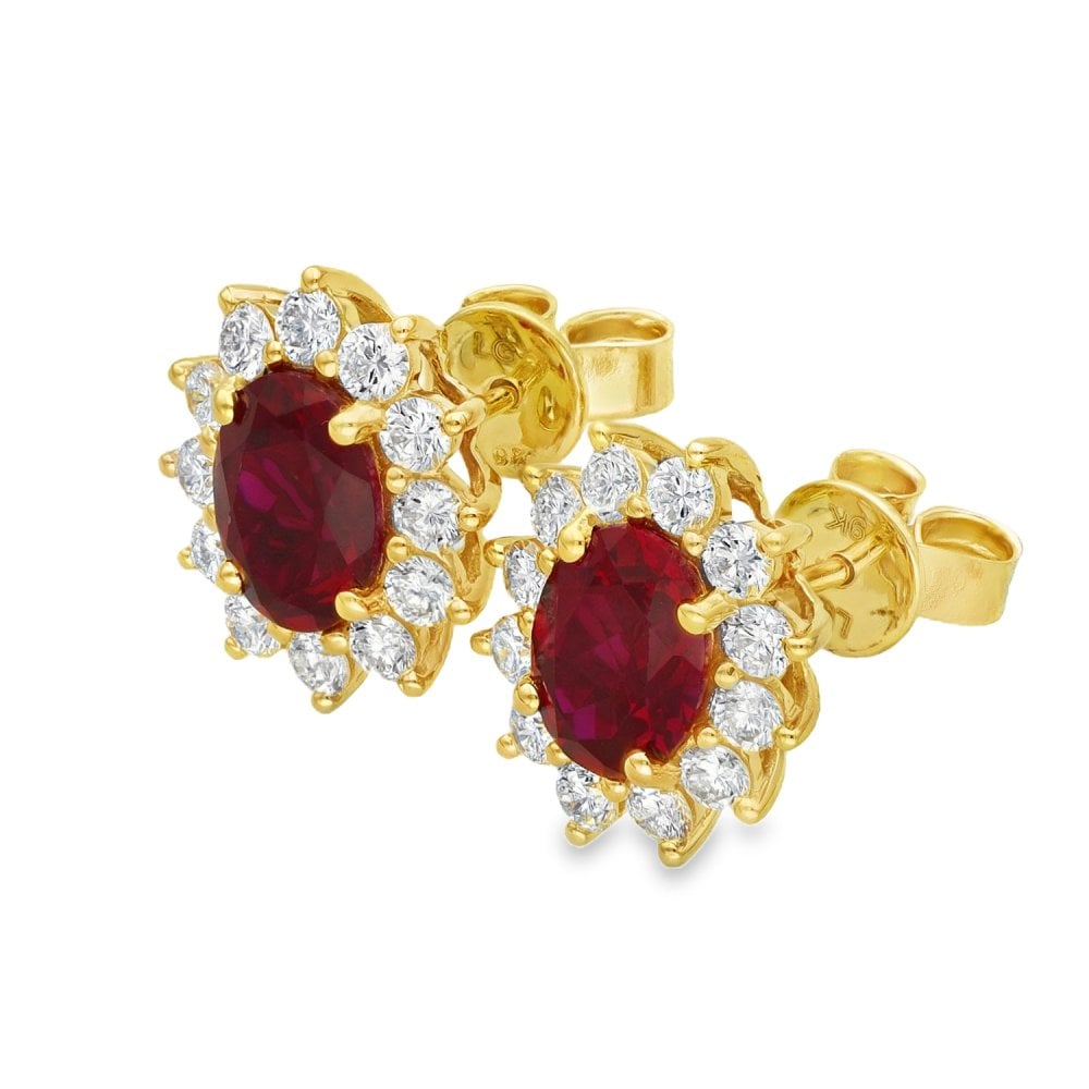 3.18ct Yellow Gold Oval Ruby & Diamond Halo Earrings - F/G/VS