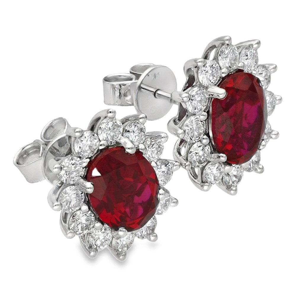4.73ct White Gold Oval Ruby & Diamond Halo Earrings - F/G/VS