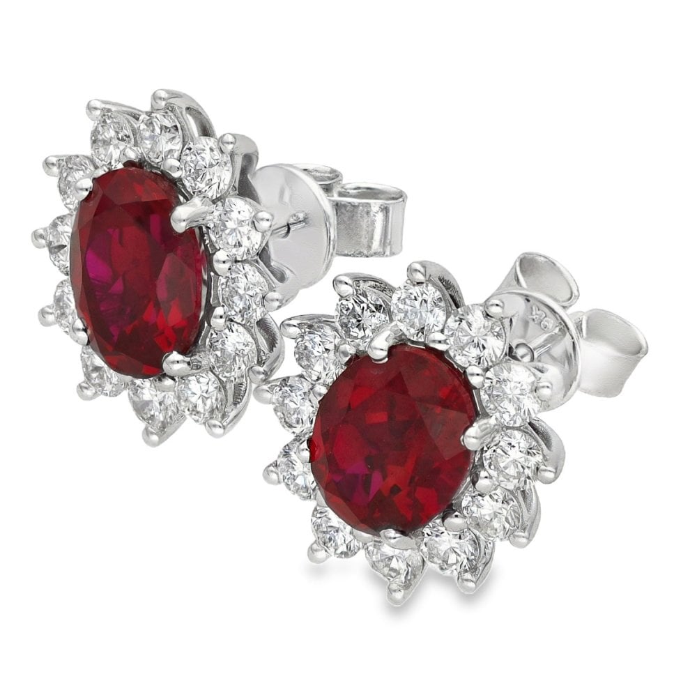 4.73ct White Gold Oval Ruby & Diamond Halo Earrings - F/G/VS