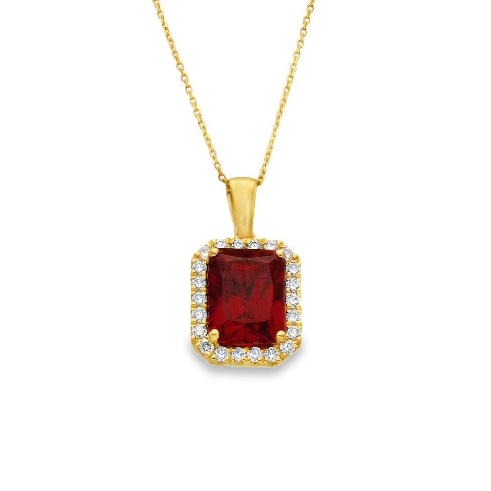 4.33ct Yellow Gold Emerald Ruby & Diamond Halo Necklace - F/G/VS
